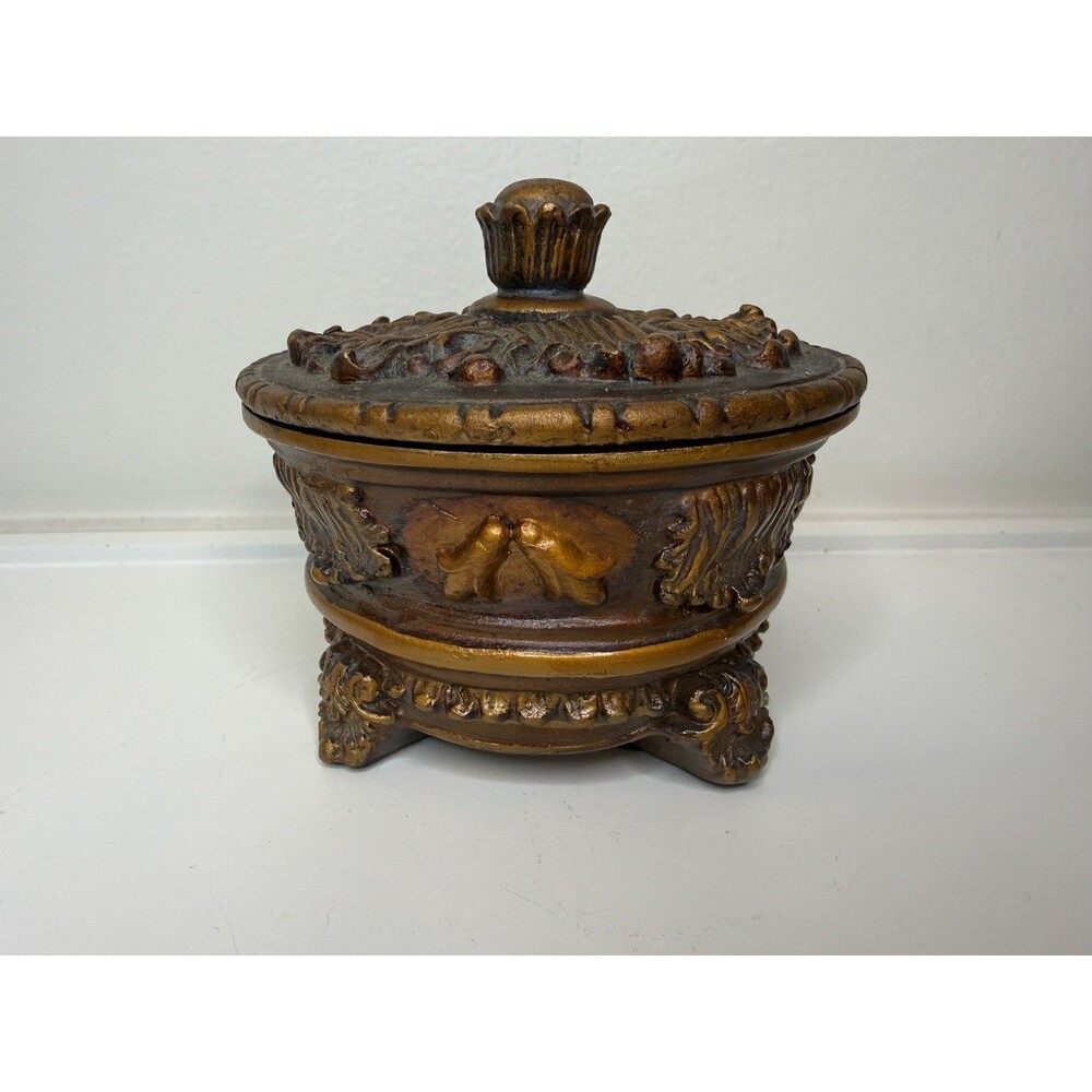 Primitive Elements Gold Rococo Syroco Style Round Trinket Jewelry Box Ornate